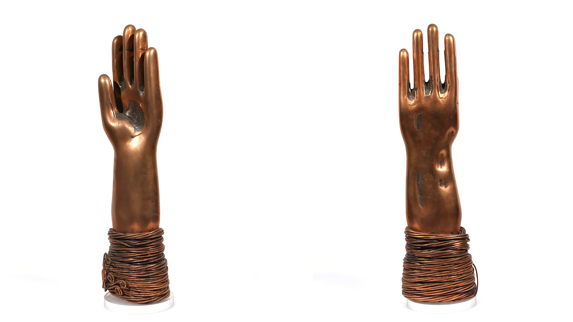 Copper Hand | copper | 16 x 2 x 3 inches Knot, Hand, Sand-casted bronze sculpture by Mel Hantz