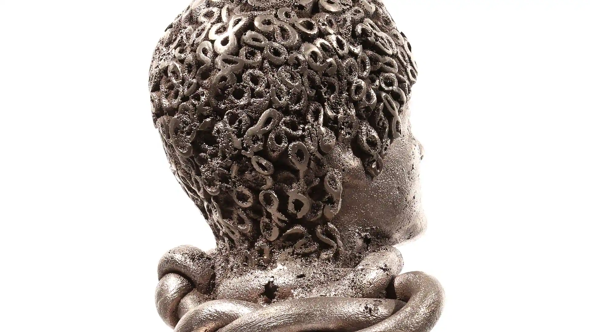 Female | bronze | 16 x 8 x 8 1/2 inches Knot, Head, Sand-casted bronze sculpture by Mel Hantz