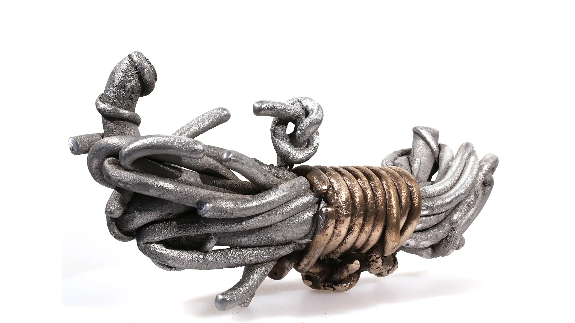 Ringed Bundle | aluminum & bronze | 6 x 16 1/2 x 7 inches Knot, Pure Knots, Sand-casted aluminum & bronze sculpture by Mel Hantz